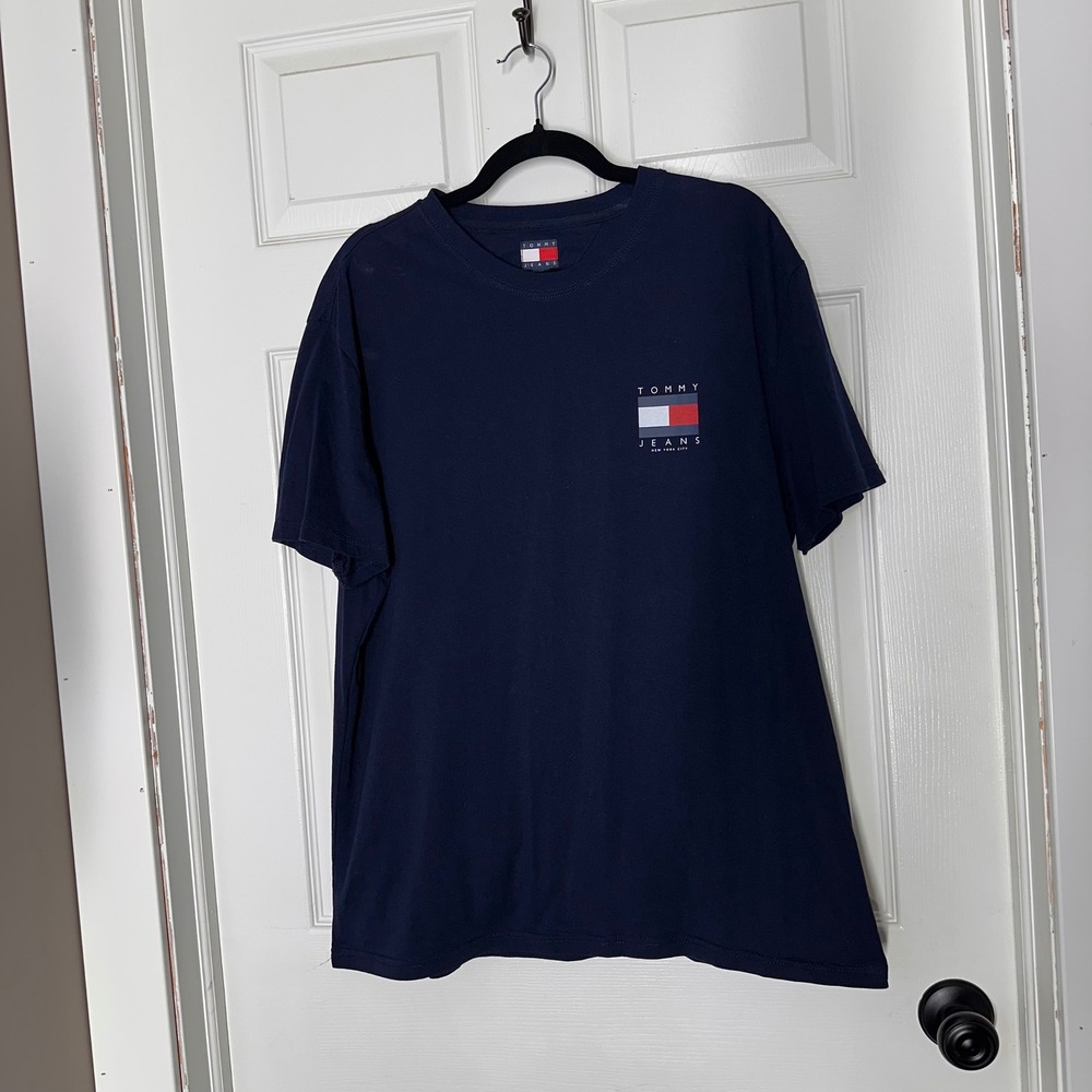 Tommy Jeans Mens XXL Navy Blue Flag Logo Graphic T-Shirt New York City Short Slv